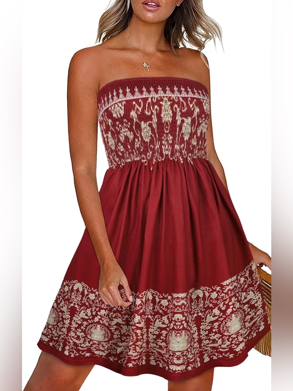 NWOT Smocked Strapless Burgundy Dress with Cream Border, Medium
